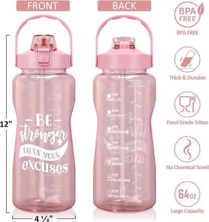 Half Gallon Water Bottle with Sleeve & Strap 64 OZ Water Bottle Motivational with Straw & Time Marker to Drink Leakproof Tritan BPA Free Workout Gym Sport Water Jug Women Men with Neoprene Holder