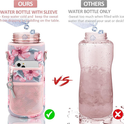 Half Gallon Water Bottle with Sleeve & Strap 64 OZ Water Bottle Motivational with Straw & Time Marker to Drink Leakproof Tritan BPA Free Workout Gym Sport Water Jug Women Men with Neoprene Holder
